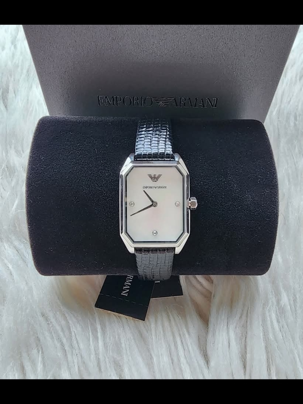 Emporio Armani Women's Black Leather Strap Octagon Watch Original Brand New